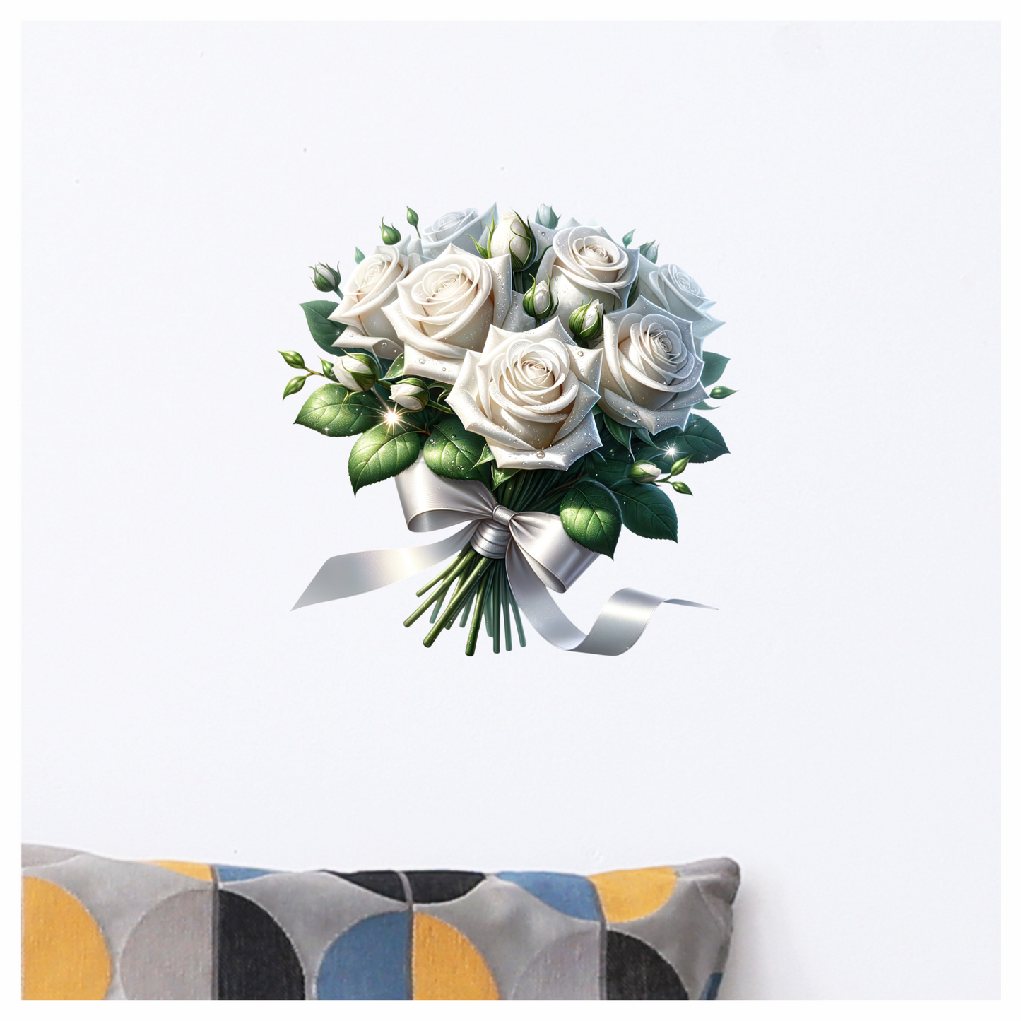 White Roses Bouquet Green Leaves Ribbon Vinyl Sticker Decal