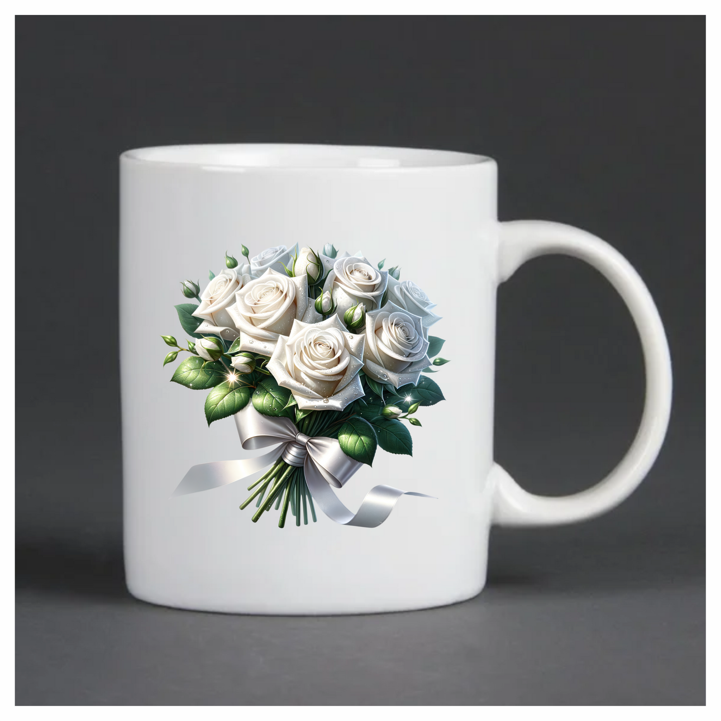 White Roses Bouquet Green Leaves Ribbon Vinyl Sticker Decal