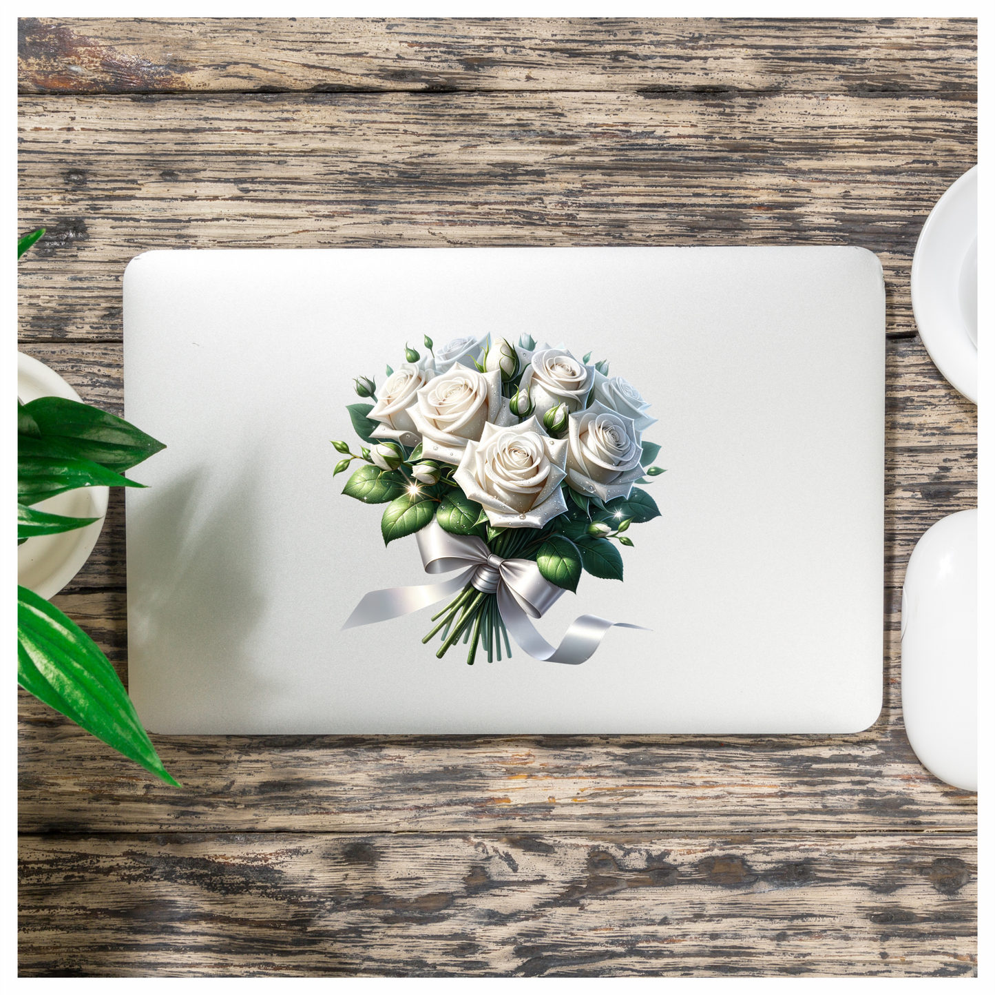 White Roses Bouquet Green Leaves Ribbon Vinyl Sticker Decal