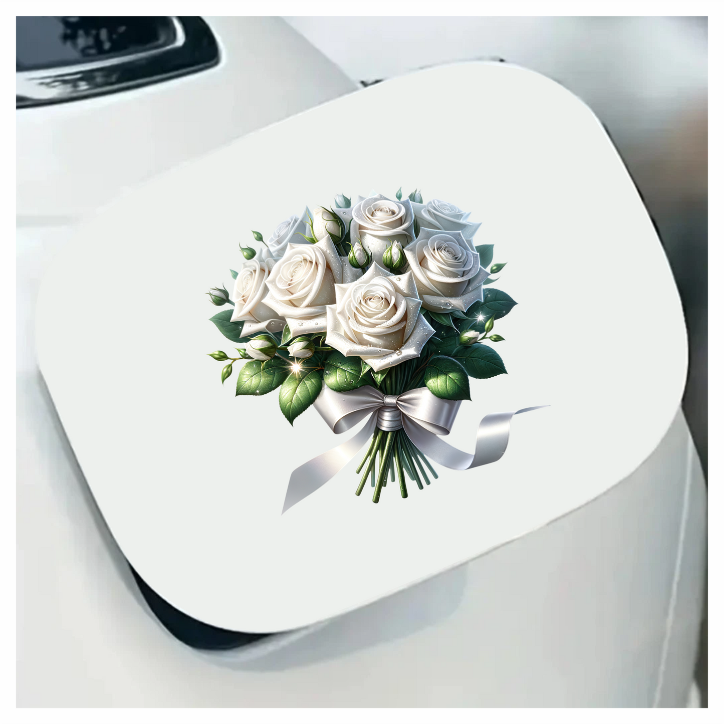 White Roses Bouquet Green Leaves Ribbon Vinyl Sticker Decal