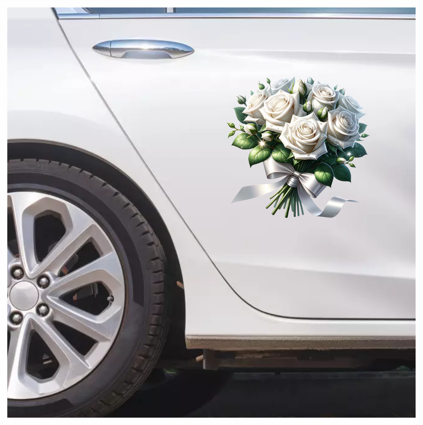 White Roses Bouquet Green Leaves Ribbon Vinyl Sticker Decal
