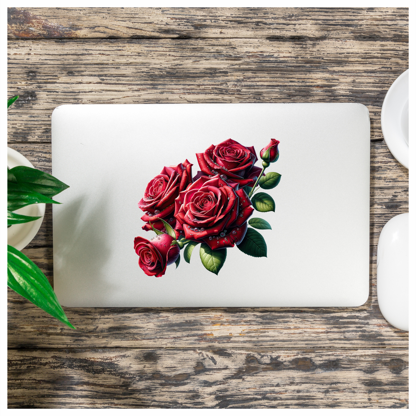 Red Roses With Green Leaves Vinyl Sticker Decal