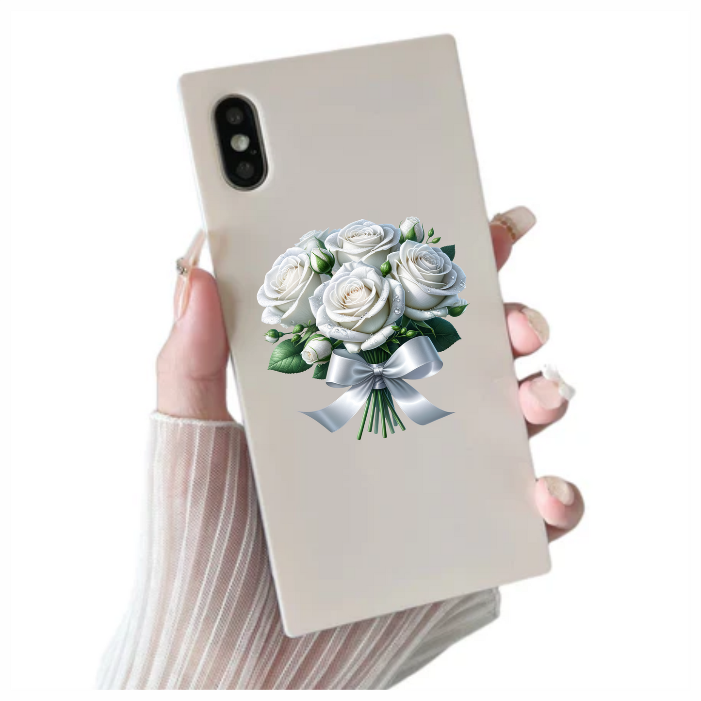 White Roses Bouquet Ribbon Elegant Vinyl Sticker Decal