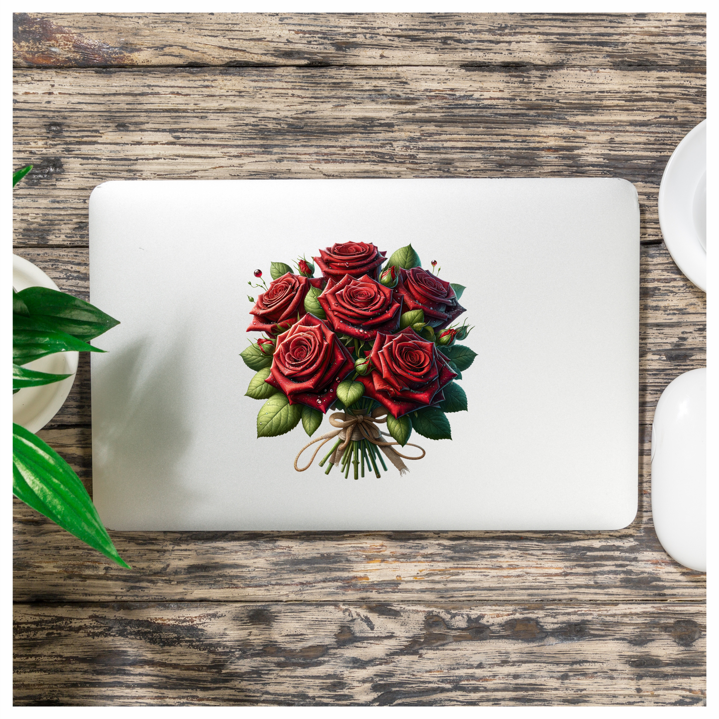 Red Roses Green Leaves Tied Bouquet Vinyl Sticker Decal