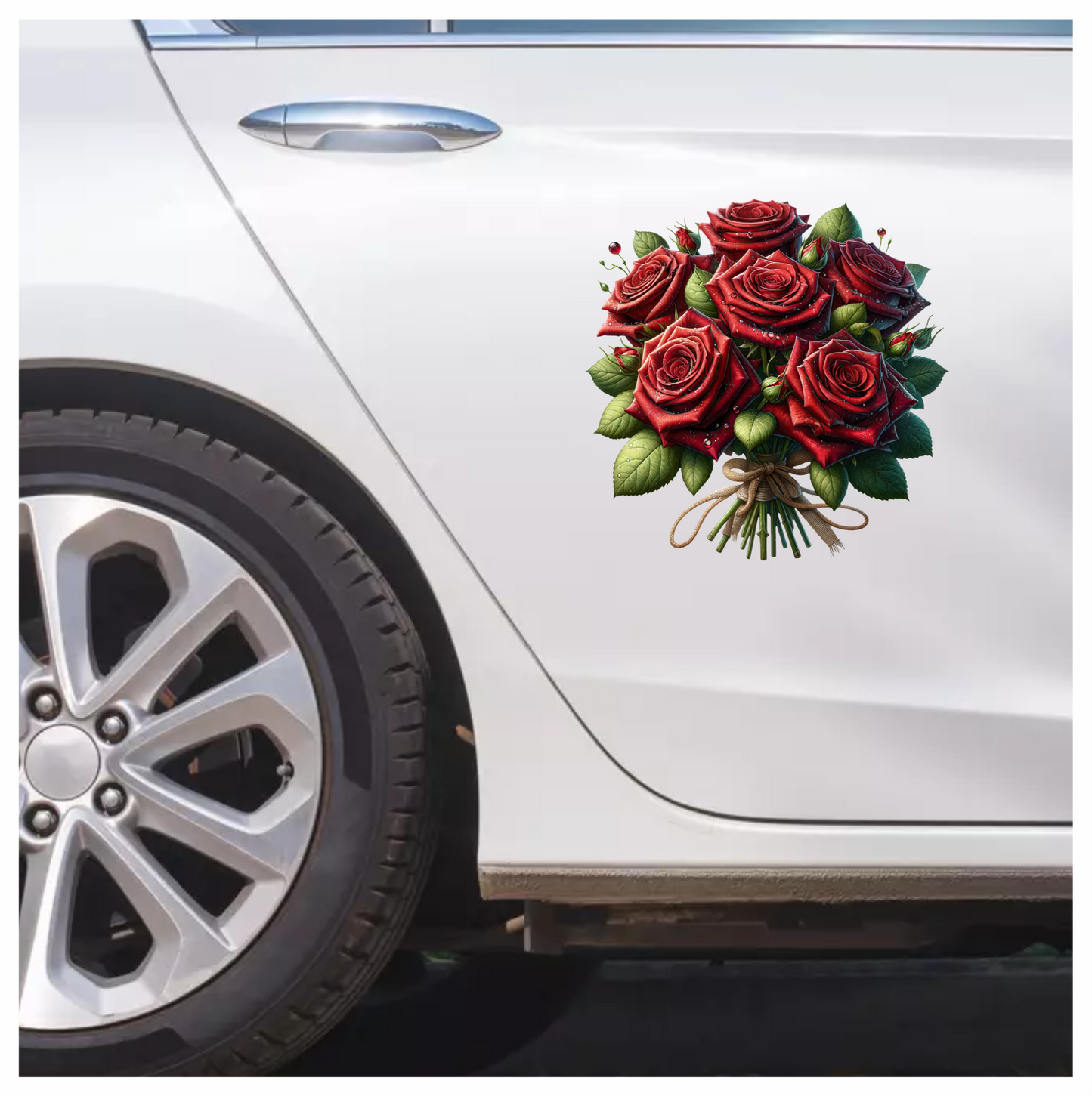 Red Roses Green Leaves Tied Bouquet Vinyl Sticker Decal