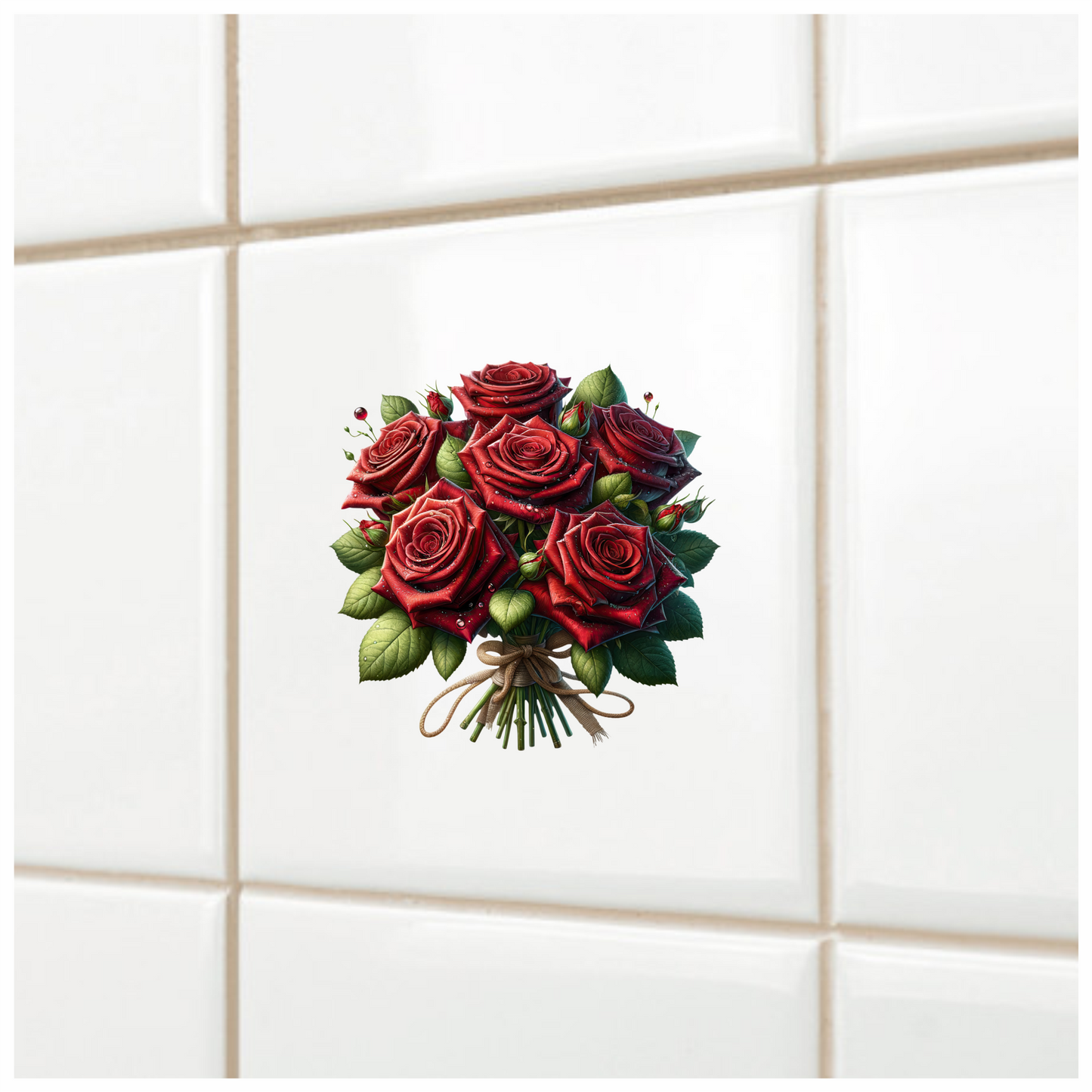 Red Roses Green Leaves Tied Bouquet Vinyl Sticker Decal