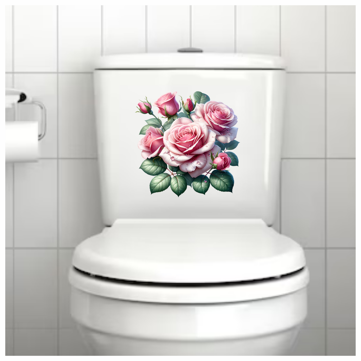 Pink Roses Green Leaves Water Drops Vinyl Sticker Decal