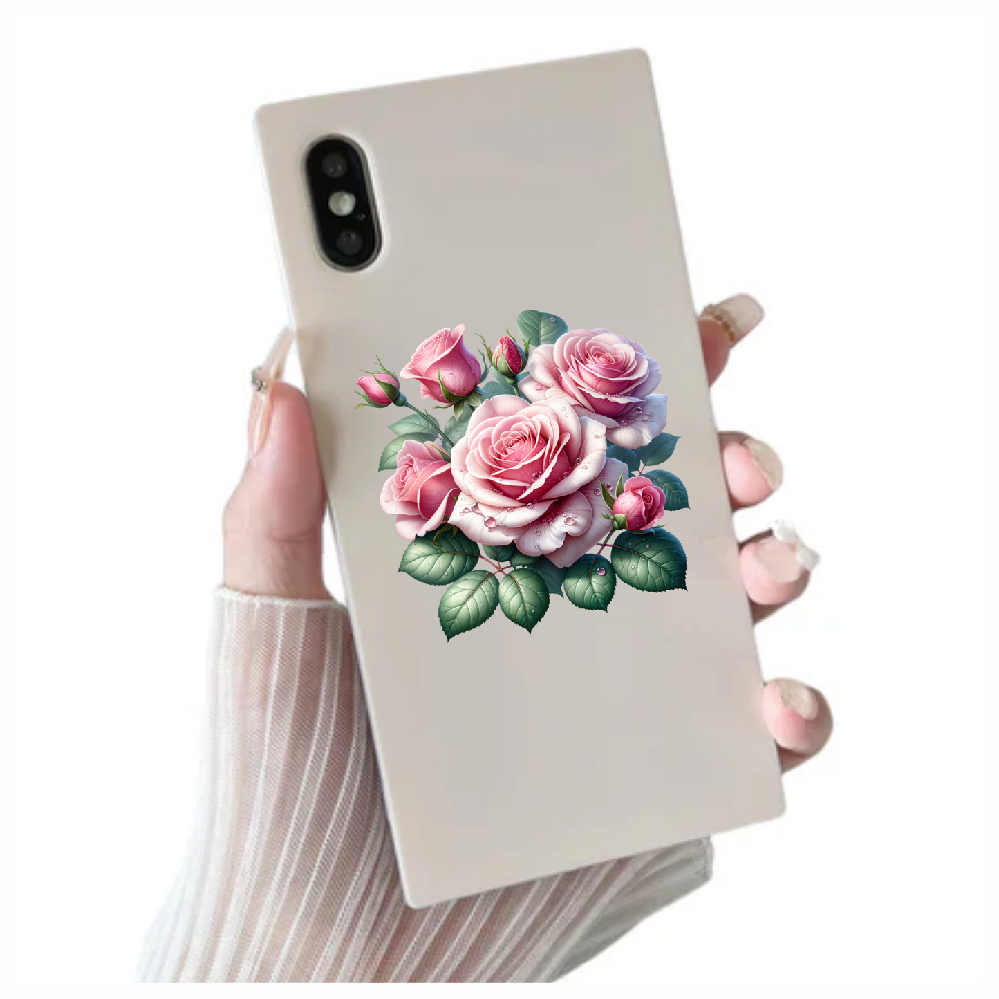 Pink Roses Green Leaves Water Drops Vinyl Sticker Decal