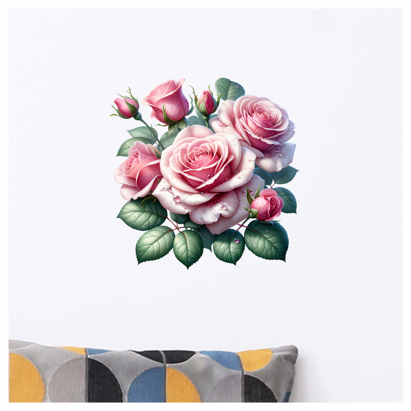 Pink Roses Green Leaves Water Drops Vinyl Sticker Decal