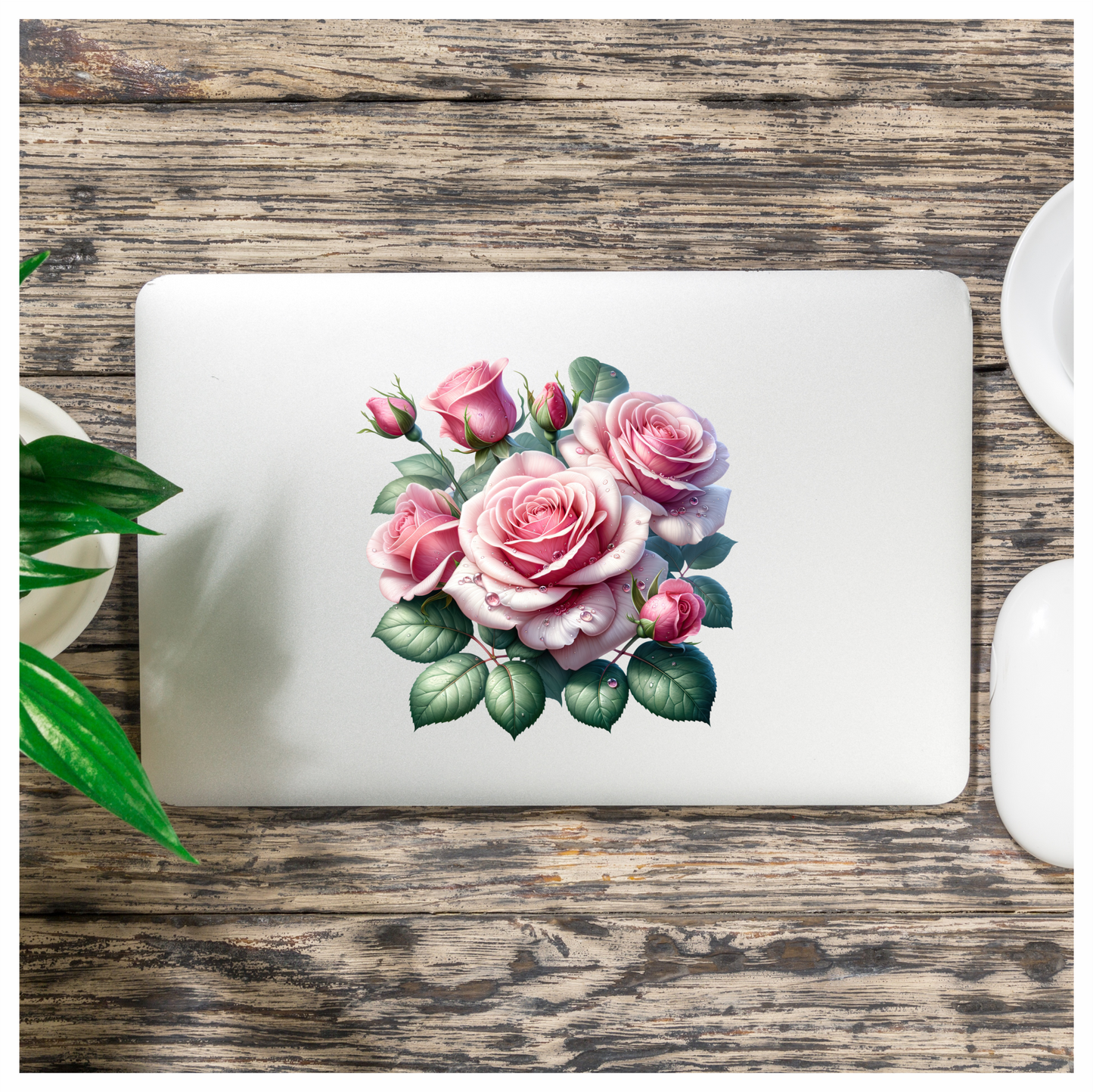 Pink Roses Green Leaves Water Drops Vinyl Sticker Decal