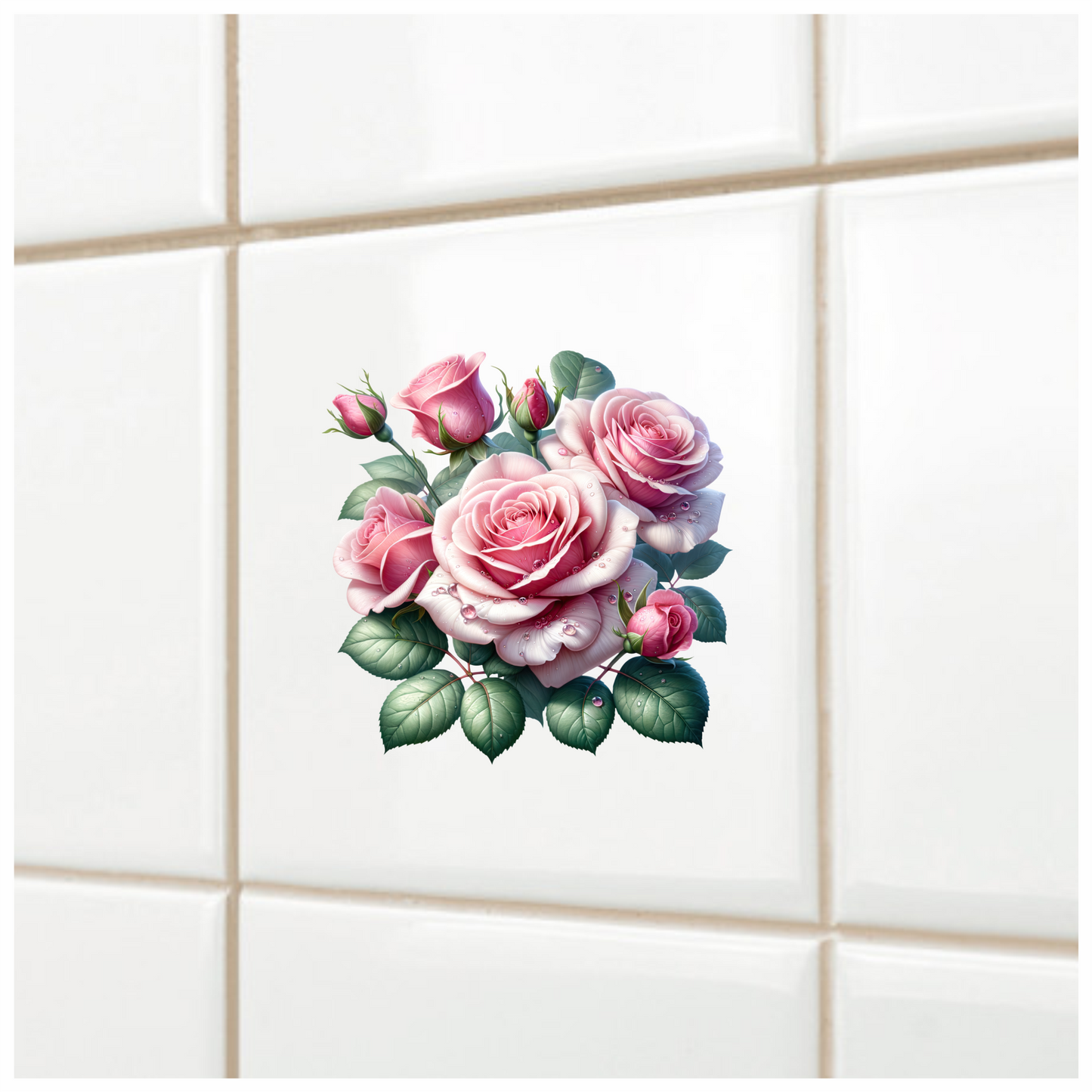 Pink Roses Green Leaves Water Drops Vinyl Sticker Decal
