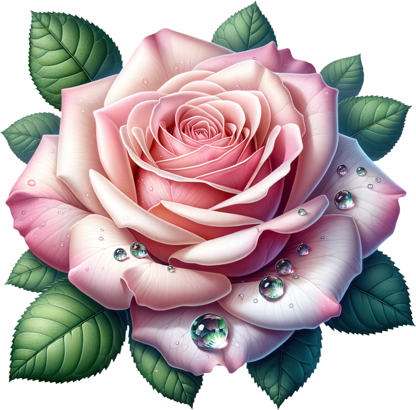 Pink Rose Green Leaves Water Drops Vinyl Sticker Decal