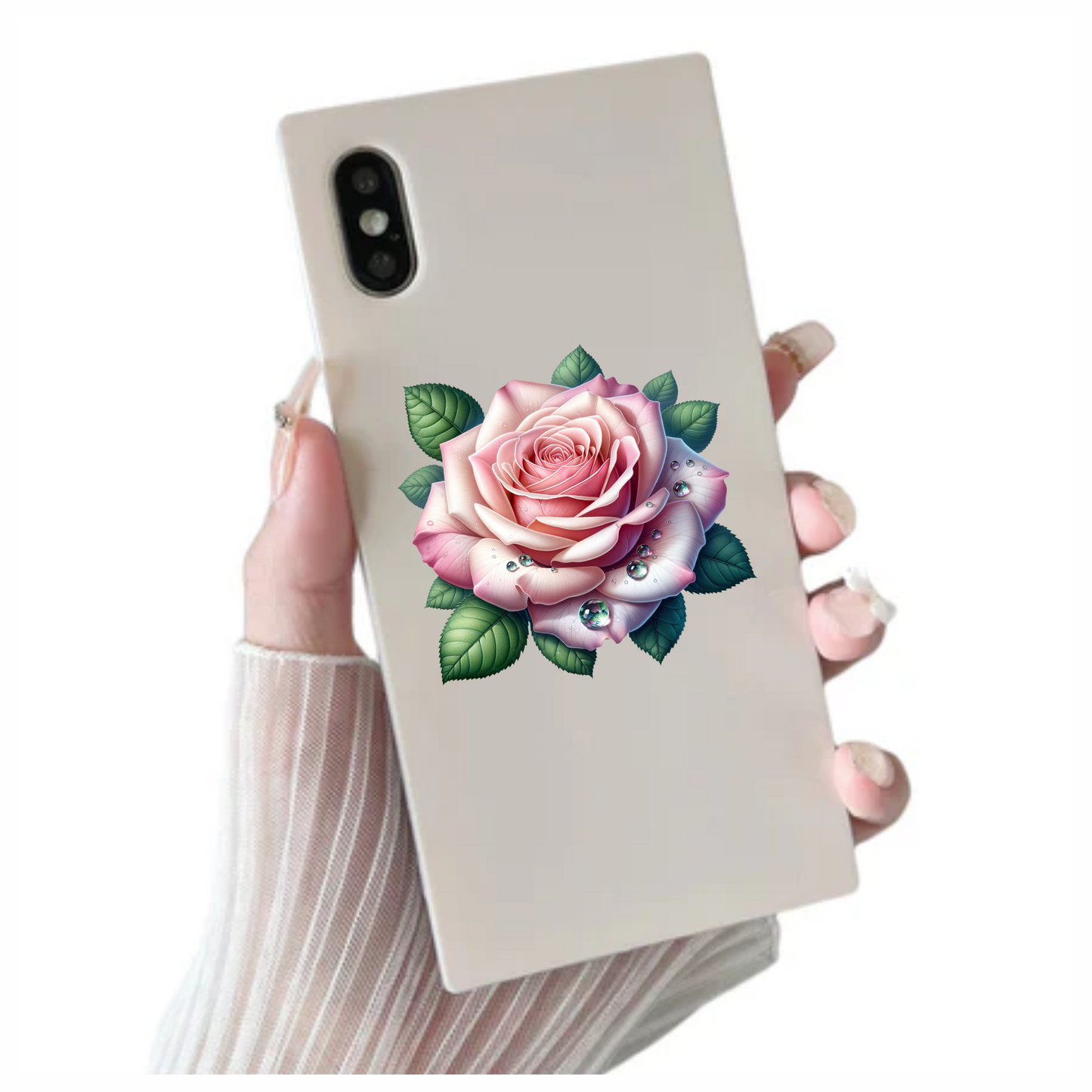 Pink Rose Green Leaves Water Drops Vinyl Sticker Decal