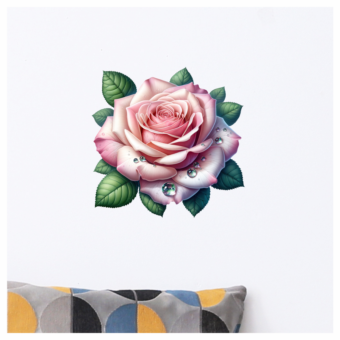 Pink Rose Green Leaves Water Drops Vinyl Sticker Decal