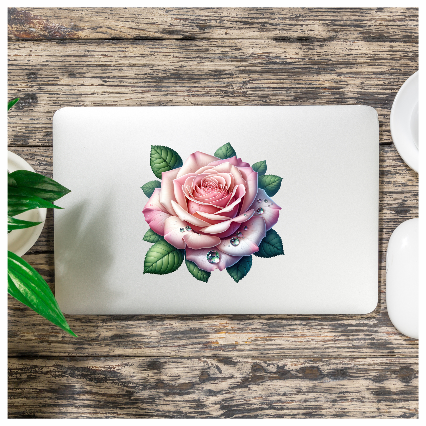 Pink Rose Green Leaves Water Drops Vinyl Sticker Decal