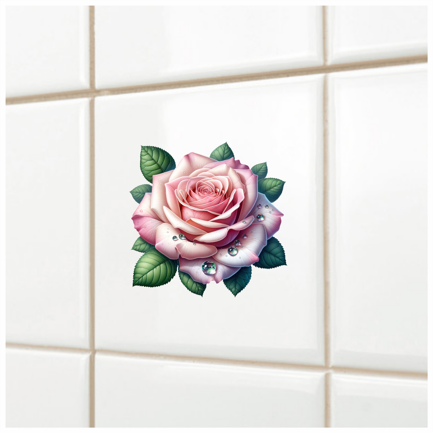 Pink Rose Green Leaves Water Drops Vinyl Sticker Decal