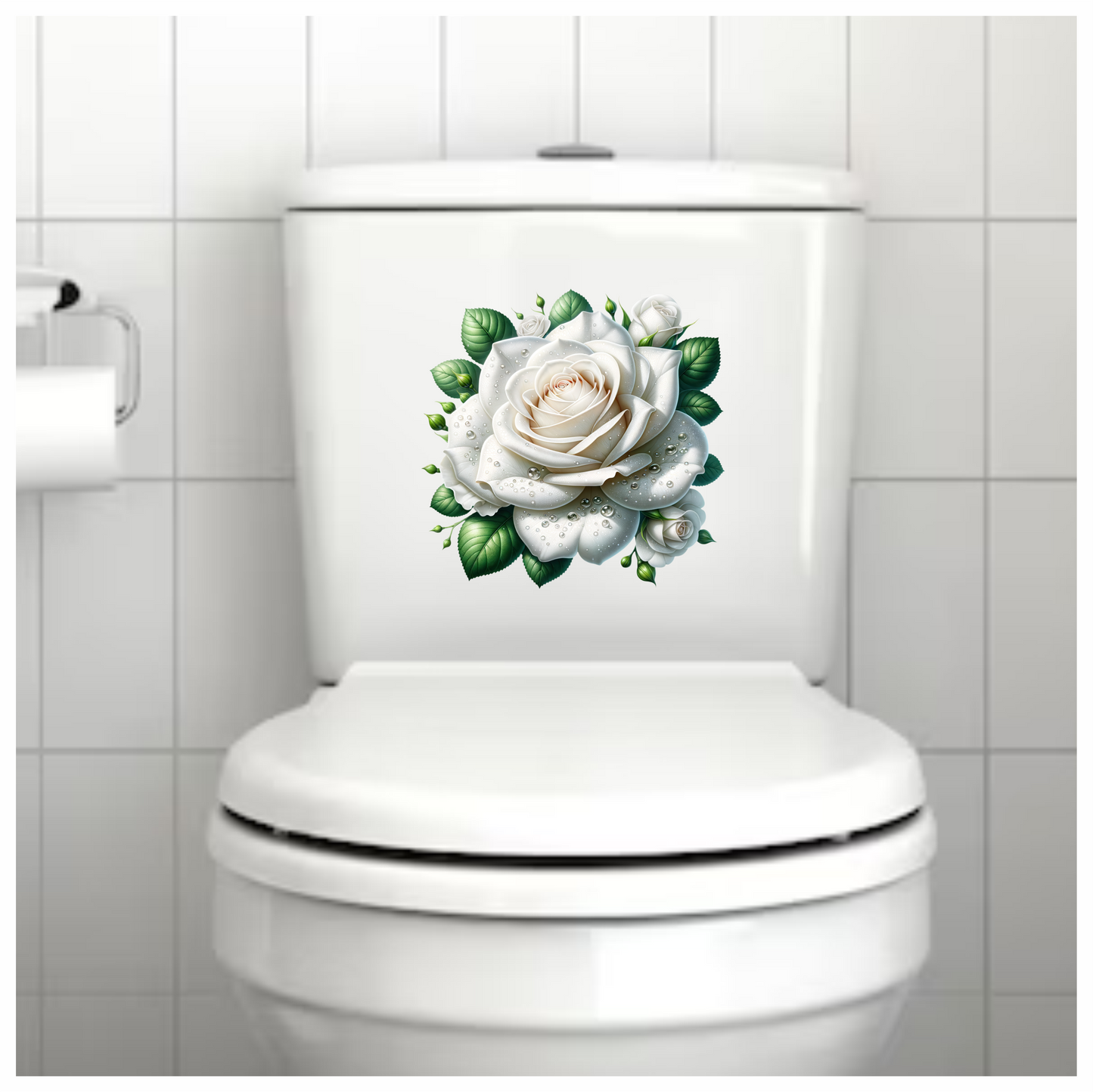 White Rose Green Leaves Water Drops Vinyl Sticker Decal