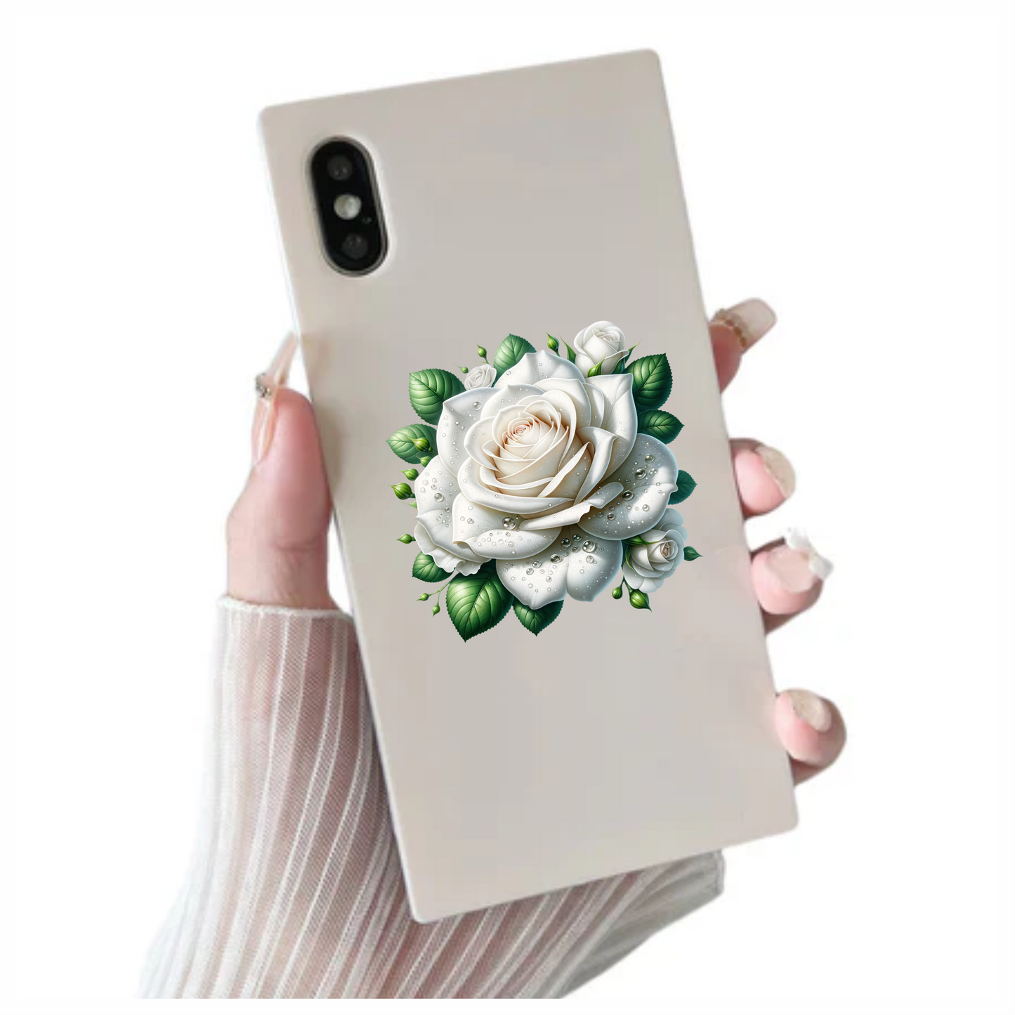 White Rose Green Leaves Water Drops Vinyl Sticker Decal
