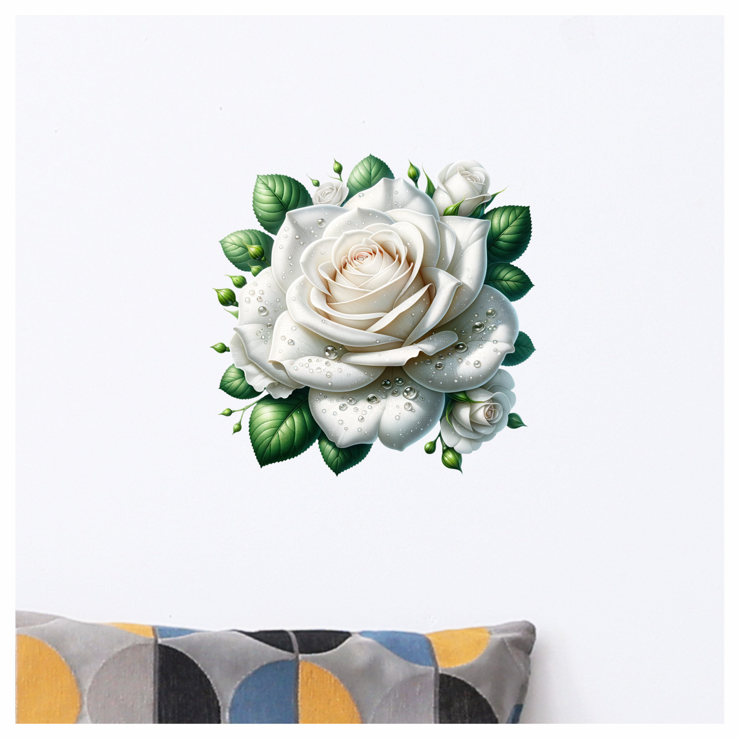 White Rose Green Leaves Water Drops Vinyl Sticker Decal