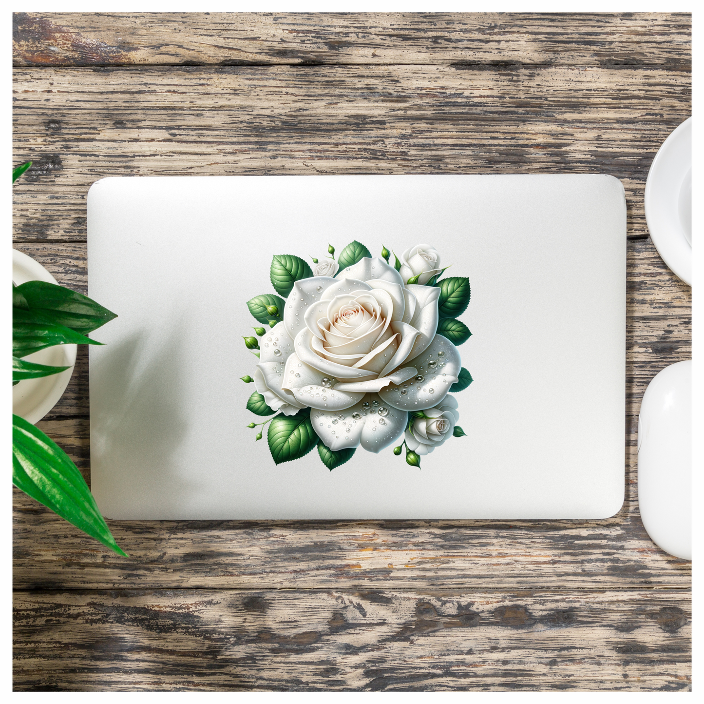 White Rose Green Leaves Water Drops Vinyl Sticker Decal