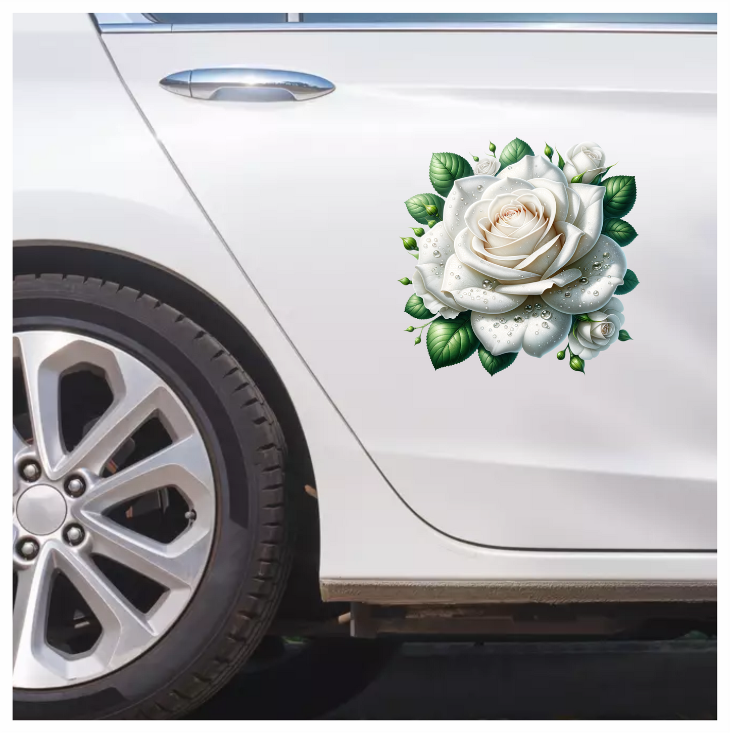 White Rose Green Leaves Water Drops Vinyl Sticker Decal