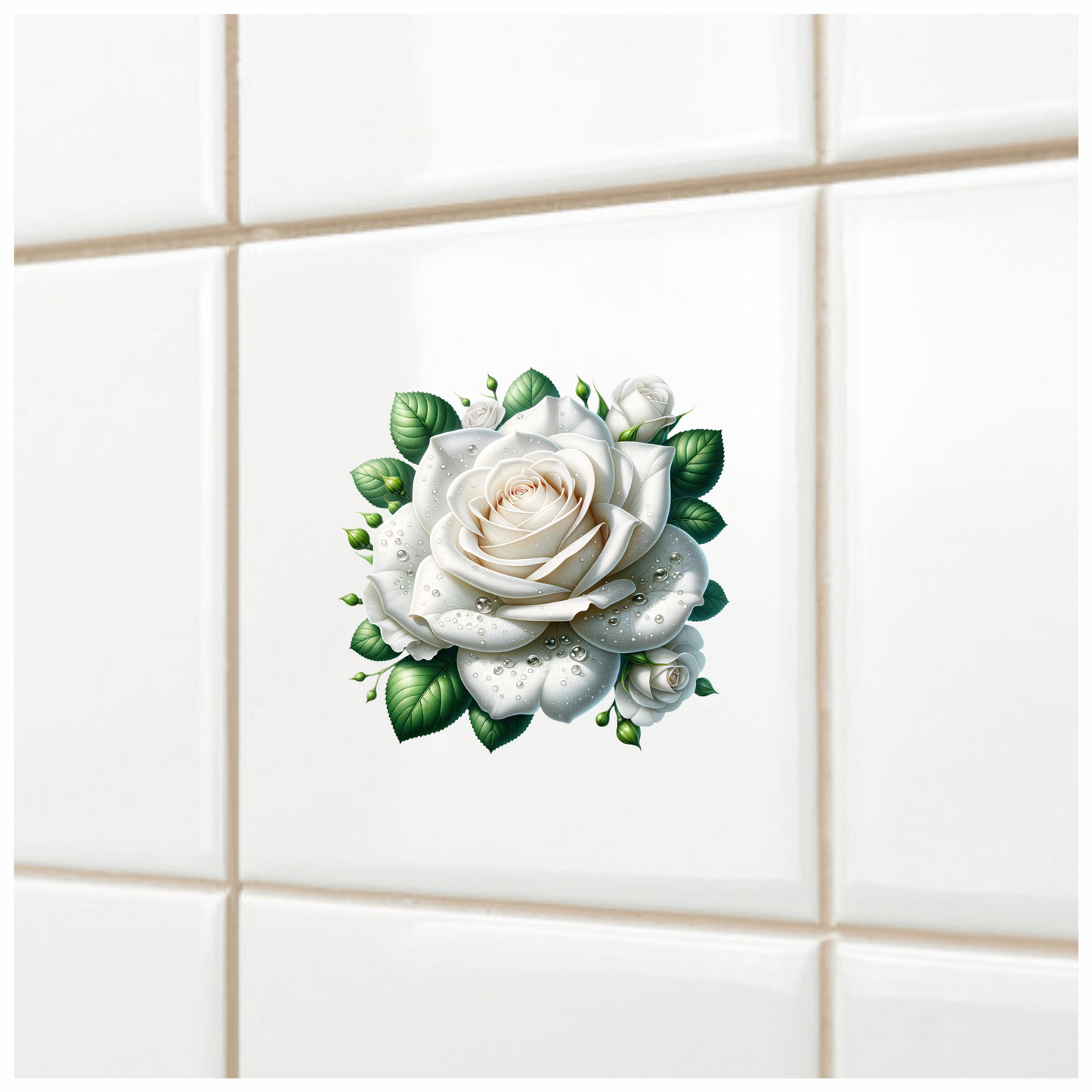 White Rose Green Leaves Water Drops Vinyl Sticker Decal