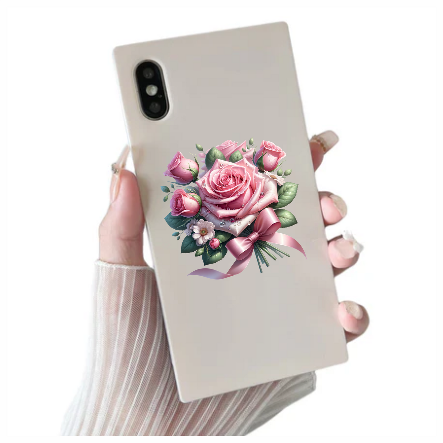 Pink Roses Flowers Leaves Ribbon Vinyl Sticker Decal