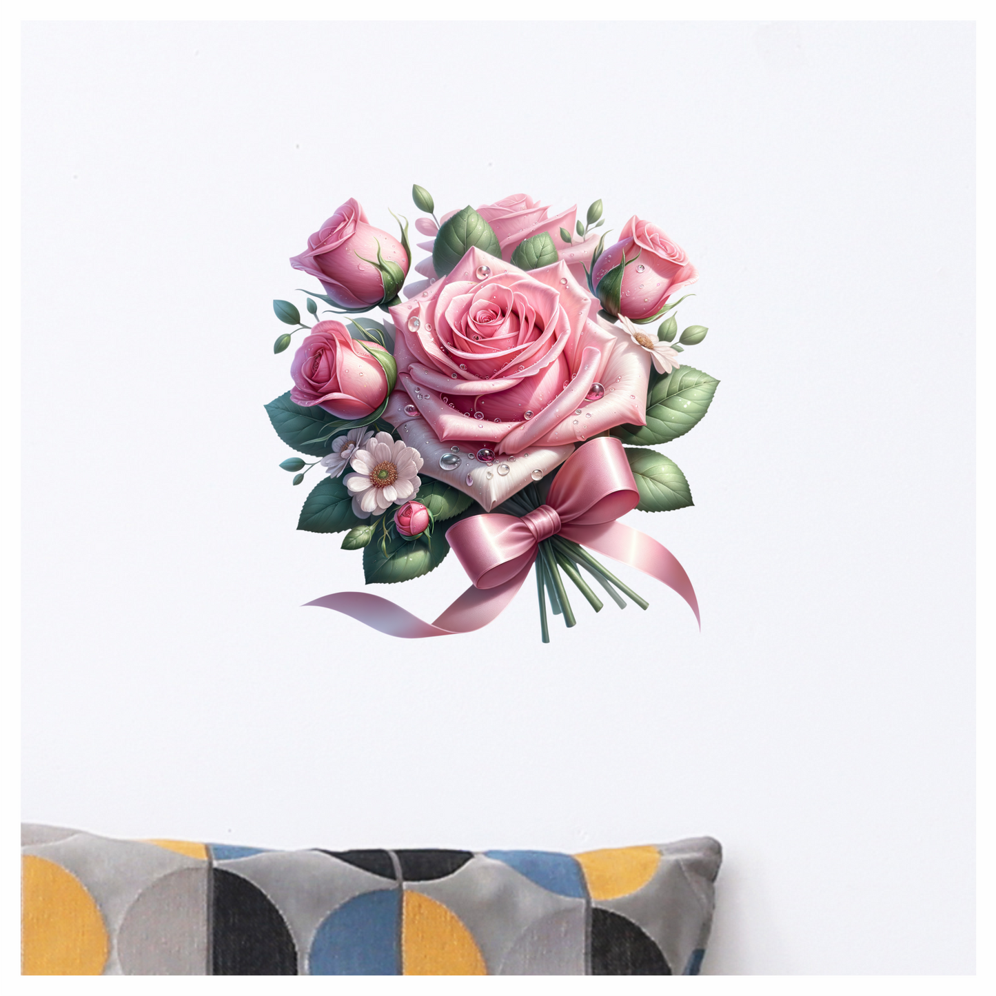 Pink Roses Flowers Leaves Ribbon Vinyl Sticker Decal