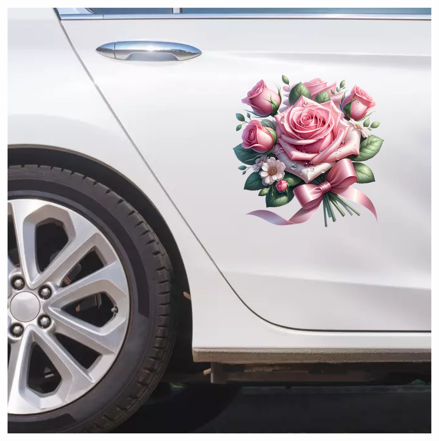 Pink Roses Flowers Leaves Ribbon Vinyl Sticker Decal