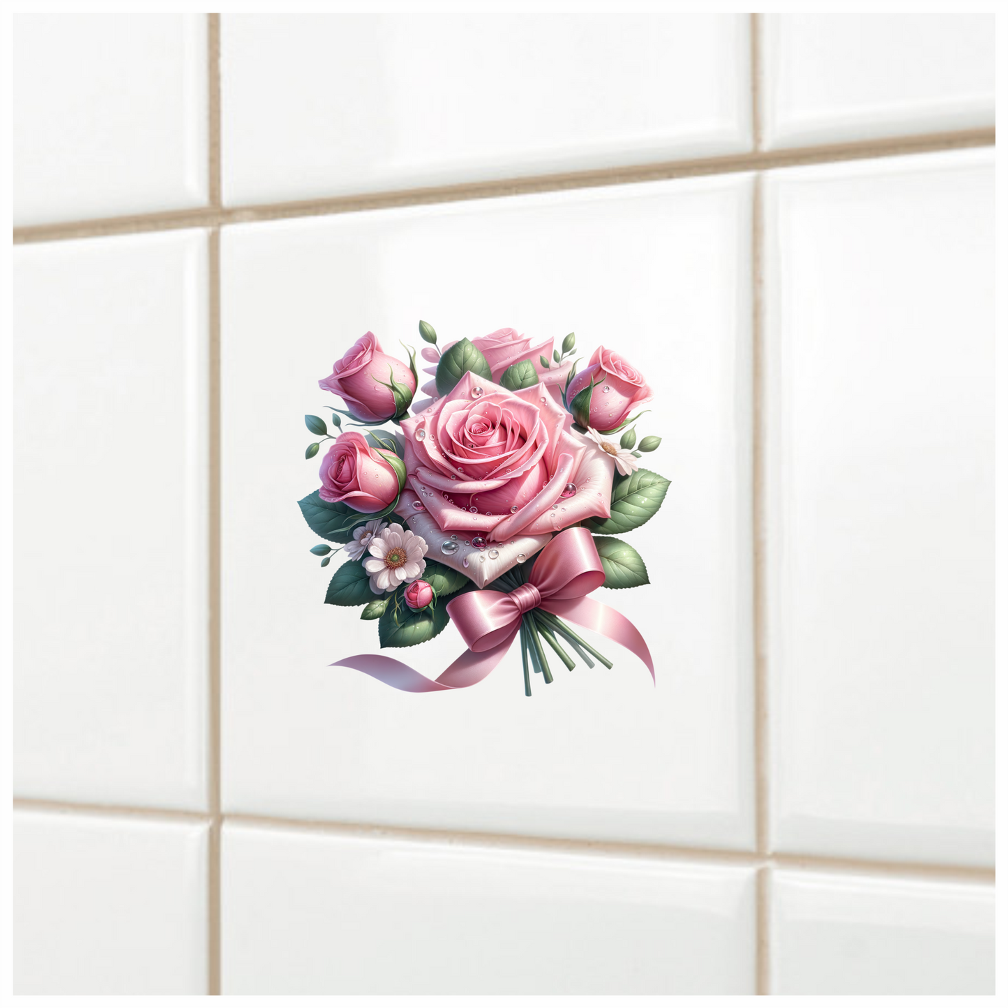 Pink Roses Flowers Leaves Ribbon Vinyl Sticker Decal
