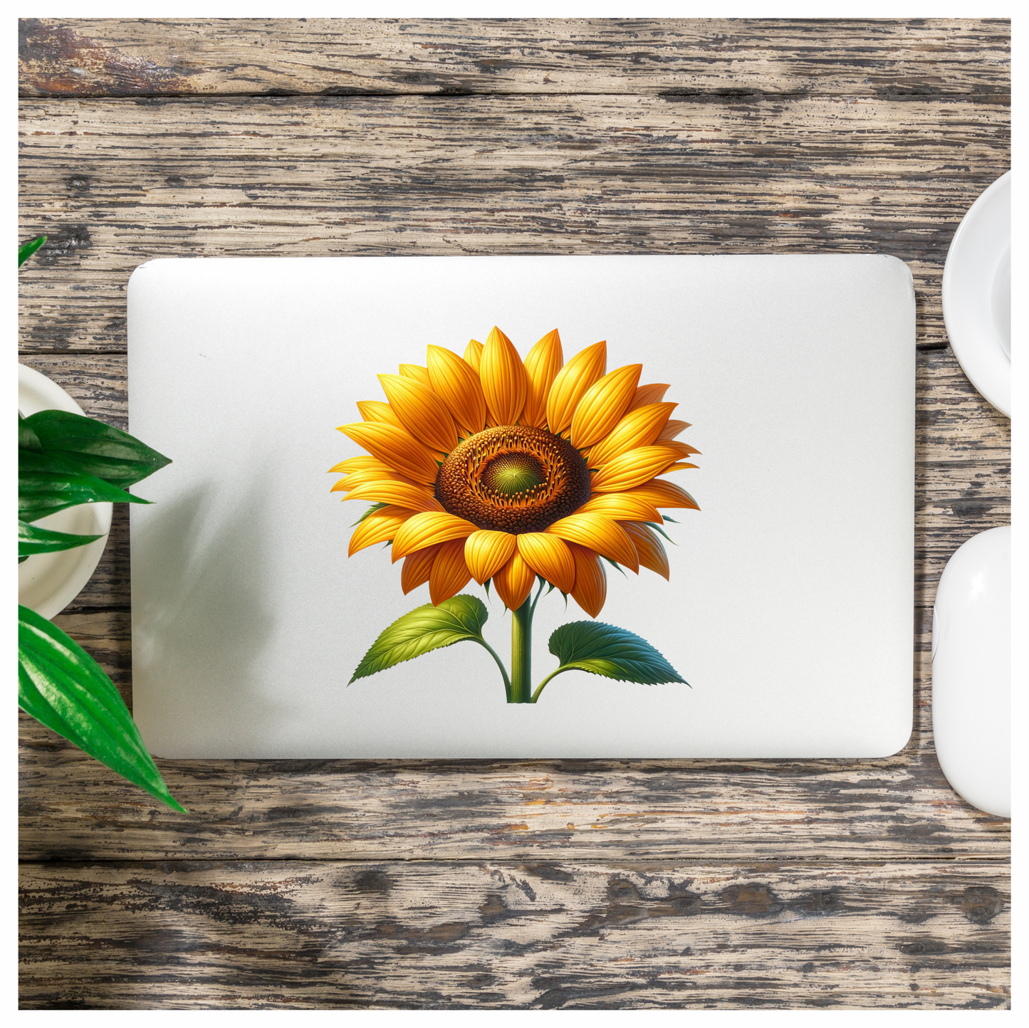 Yellow Sunflower Blooming Green Leaves Vinyl Sticker Decal