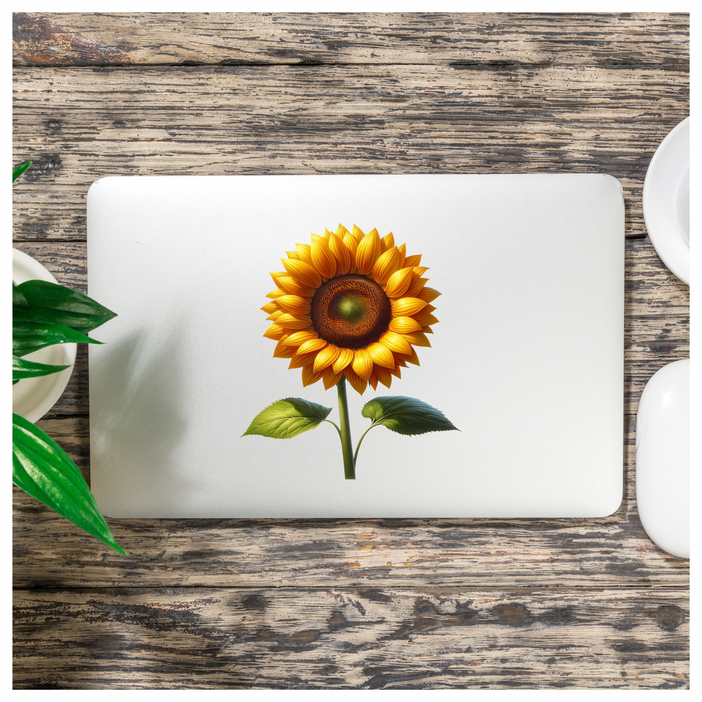 Yellow Sunflower Green Leaves Single Stem Vinyl Sticker Decal