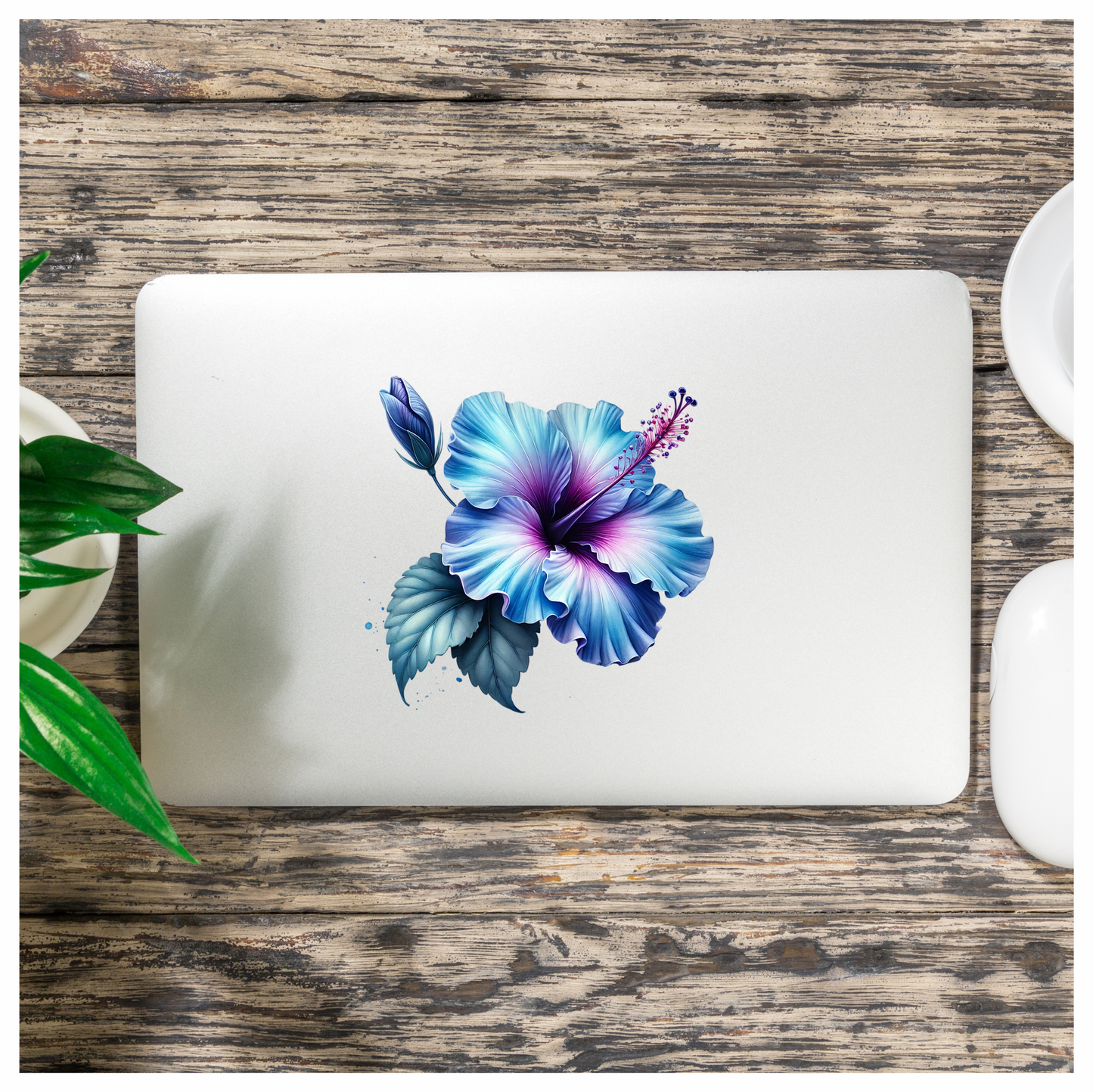 Blue Hibiscus Flower Leaf Bud Vinyl Sticker Decal