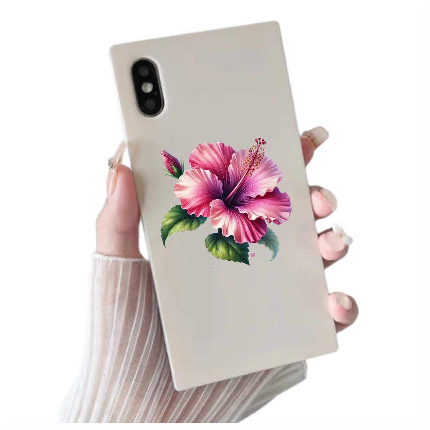 Pink Hibiscus Flower Green Leaves Vinyl Sticker Decal