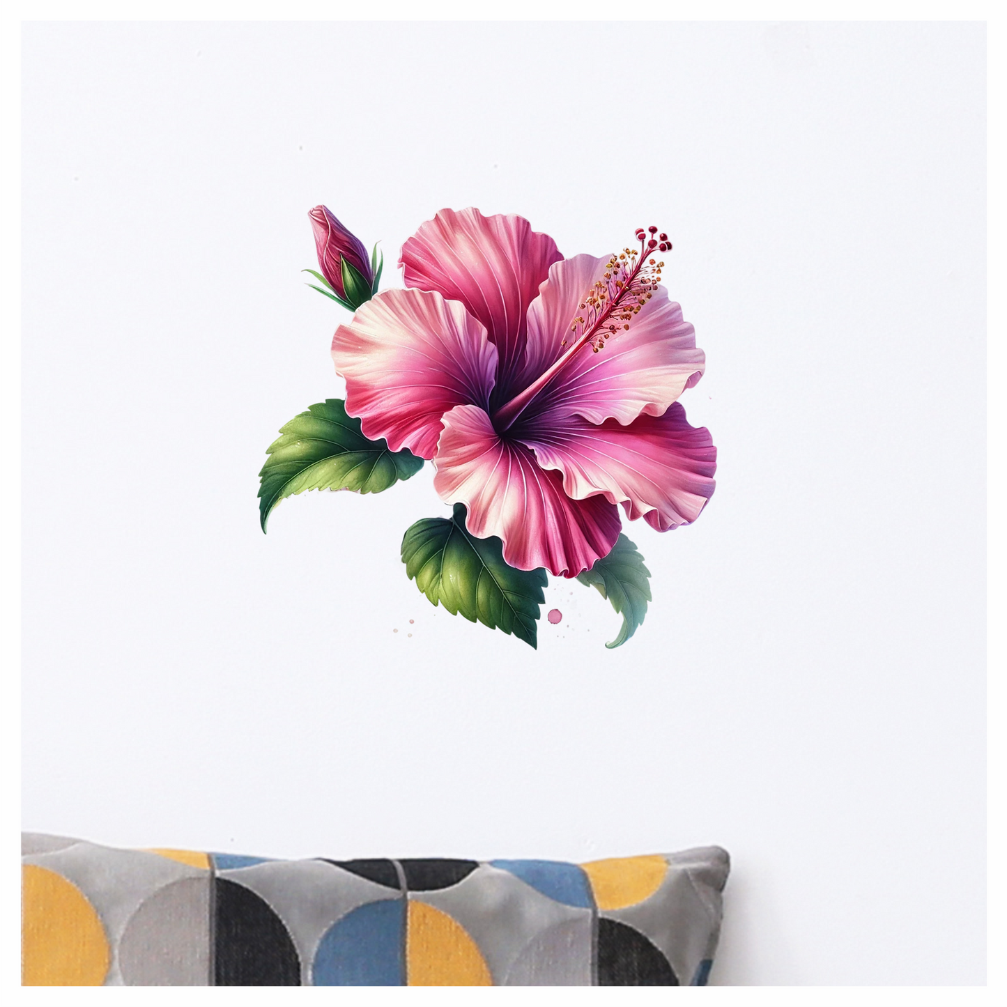 Pink Hibiscus Flower Green Leaves Vinyl Sticker Decal