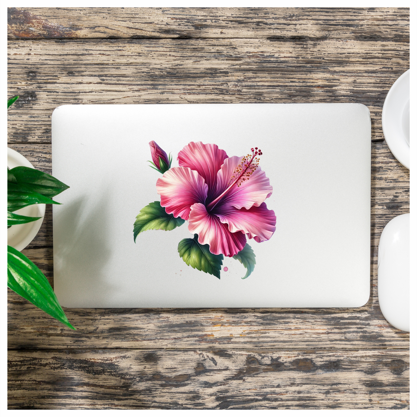 Pink Hibiscus Flower Green Leaves Vinyl Sticker Decal