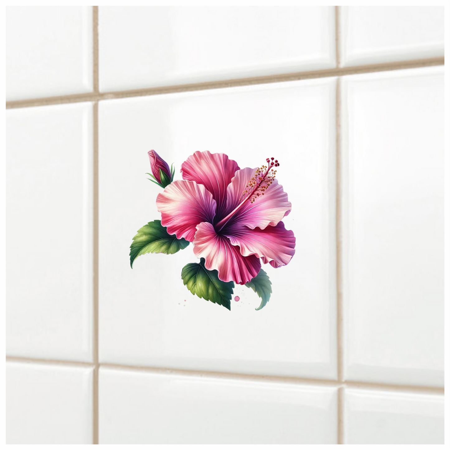 Pink Hibiscus Flower Green Leaves Vinyl Sticker Decal