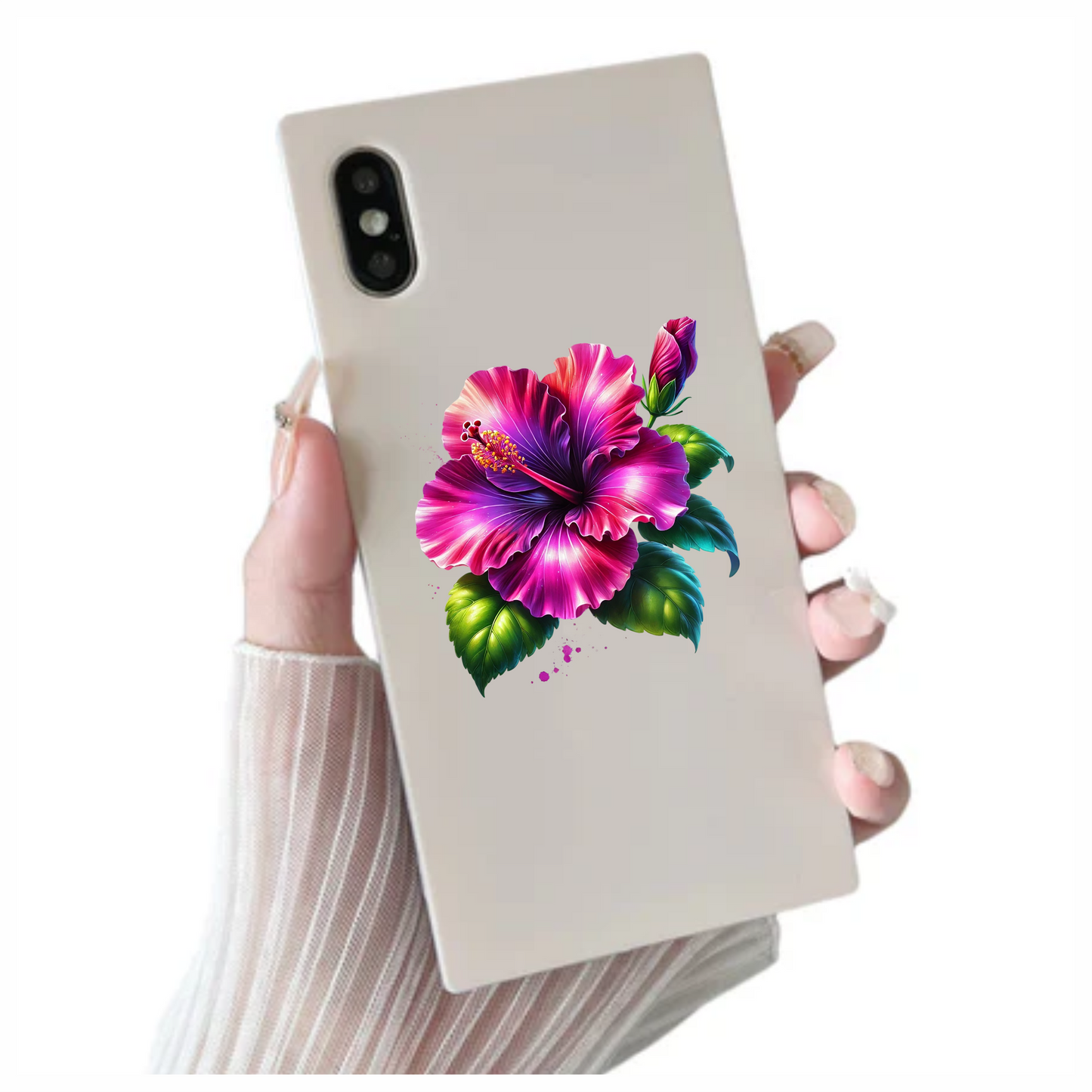 Pink Hibiscus Flower Green Leaves Vinyl Sticker Decal