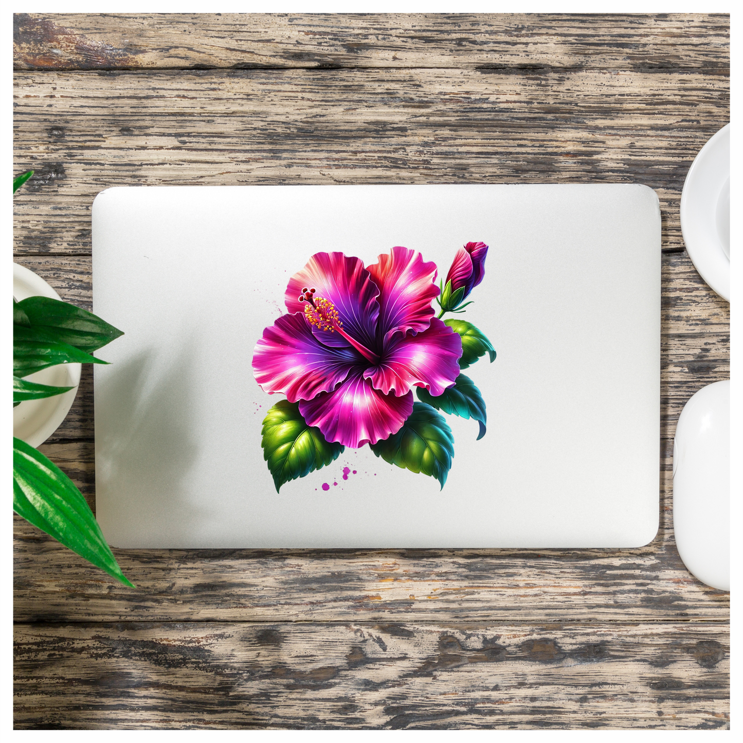 Pink Hibiscus Flower Green Leaves Vinyl Sticker Decal