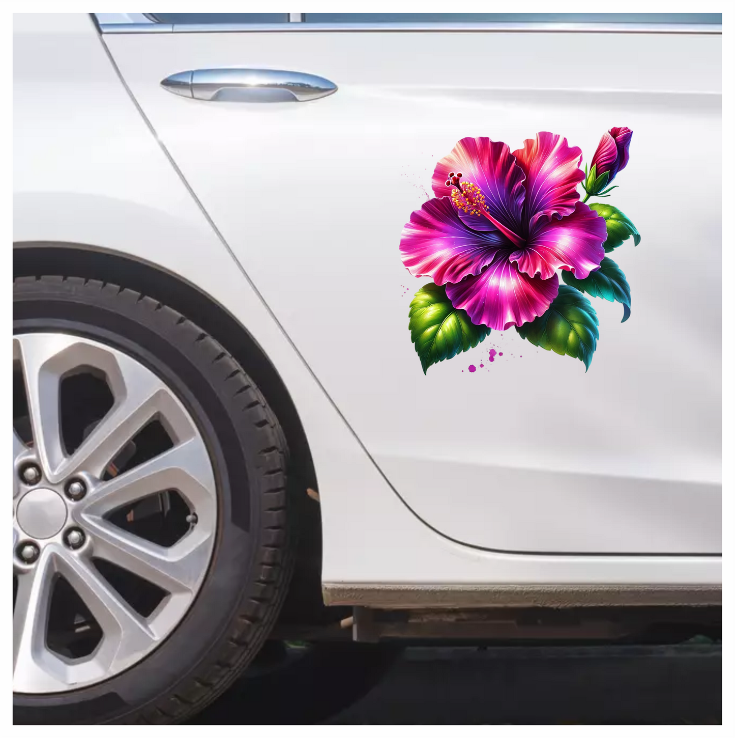 Pink Hibiscus Flower Green Leaves Vinyl Sticker Decal
