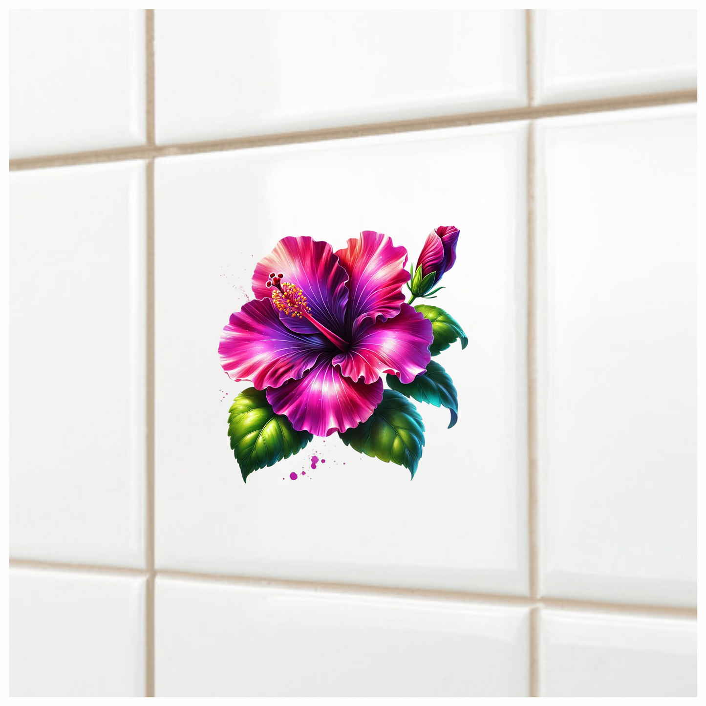 Pink Hibiscus Flower Green Leaves Vinyl Sticker Decal