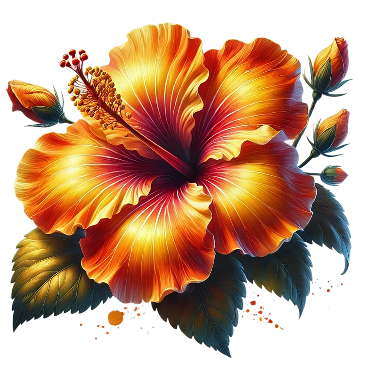 Orange Hibiscus Flower Green Leaves Vinyl Sticker Decal