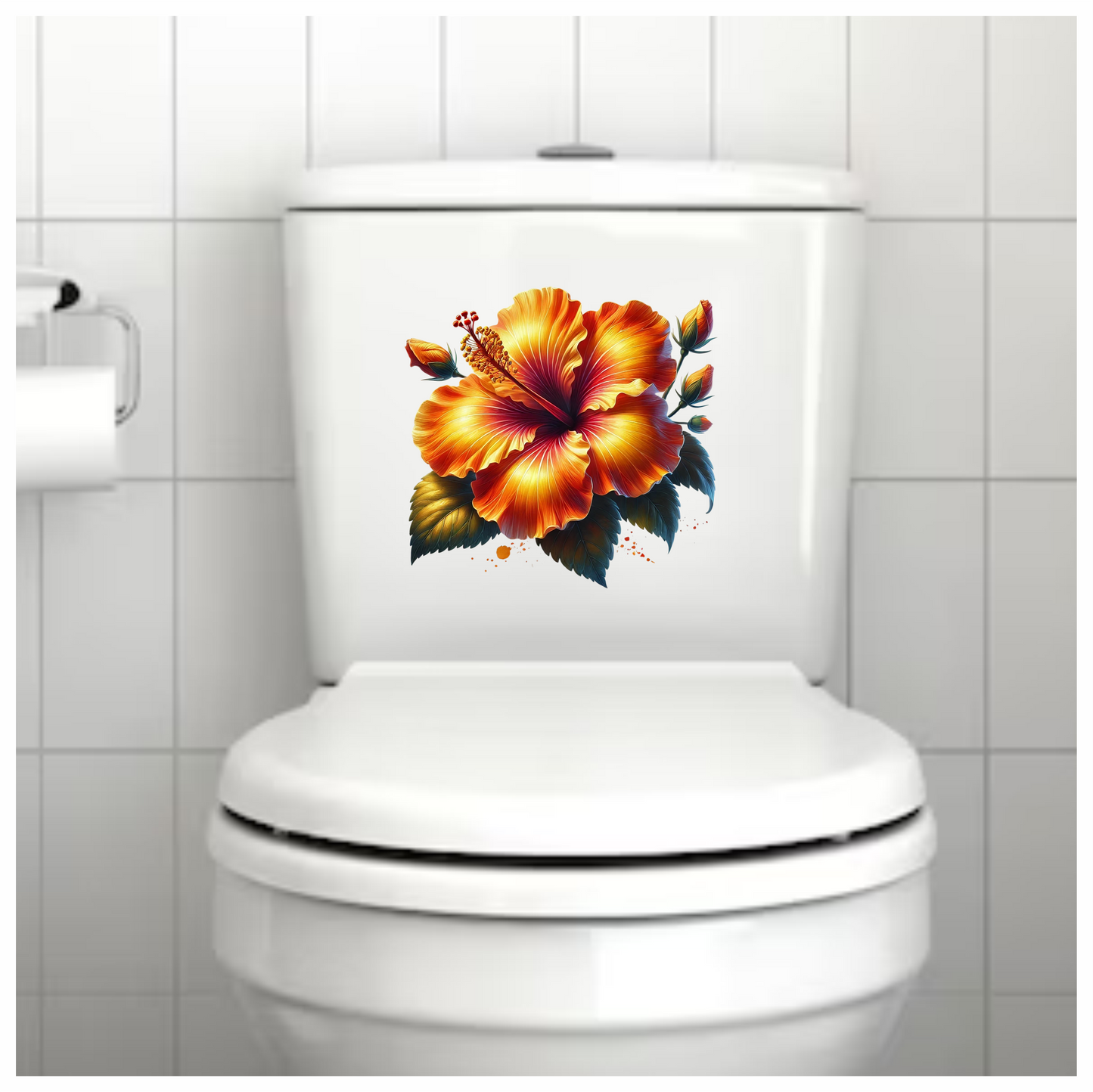 Orange Hibiscus Flower Green Leaves Vinyl Sticker Decal