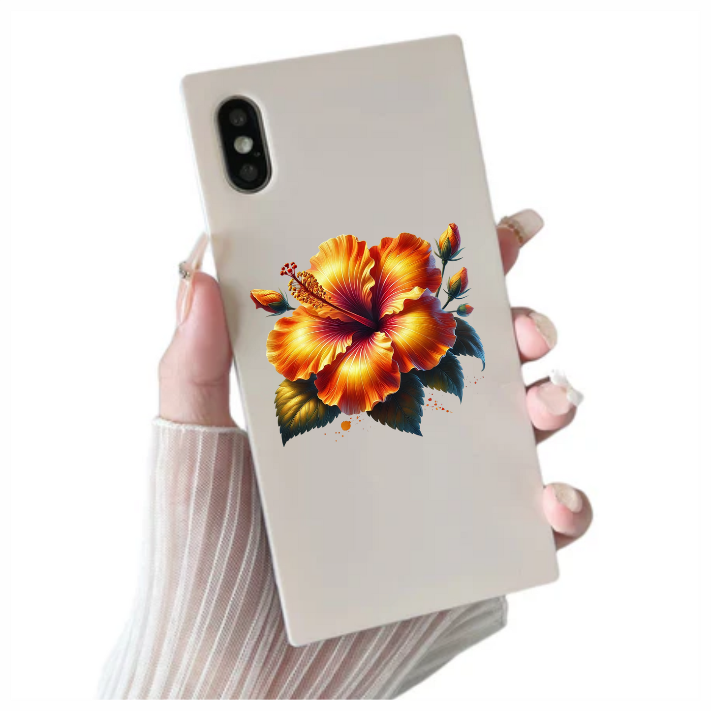 Orange Hibiscus Flower Green Leaves Vinyl Sticker Decal
