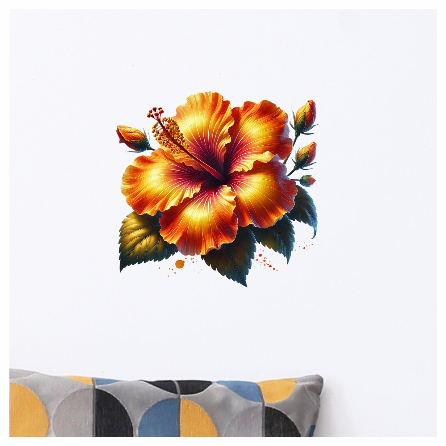 Orange Hibiscus Flower Green Leaves Vinyl Sticker Decal