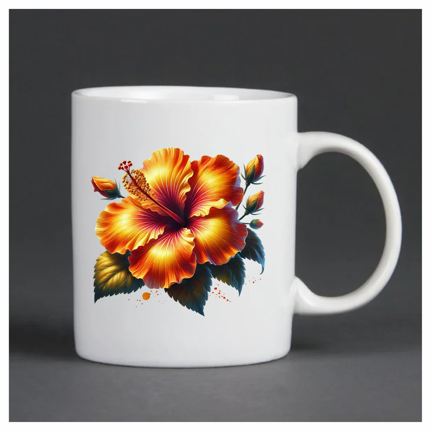 Orange Hibiscus Flower Green Leaves Vinyl Sticker Decal