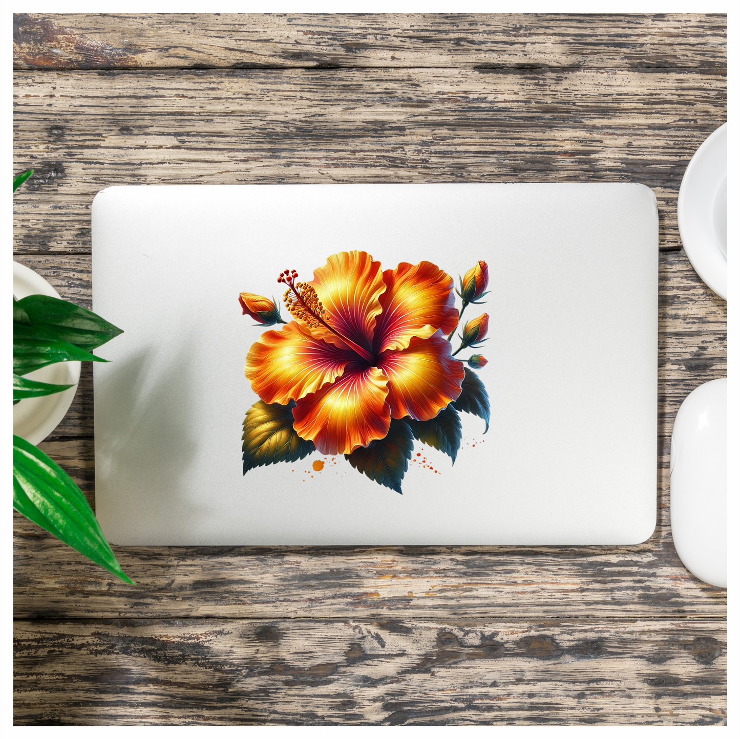 Orange Hibiscus Flower Green Leaves Vinyl Sticker Decal