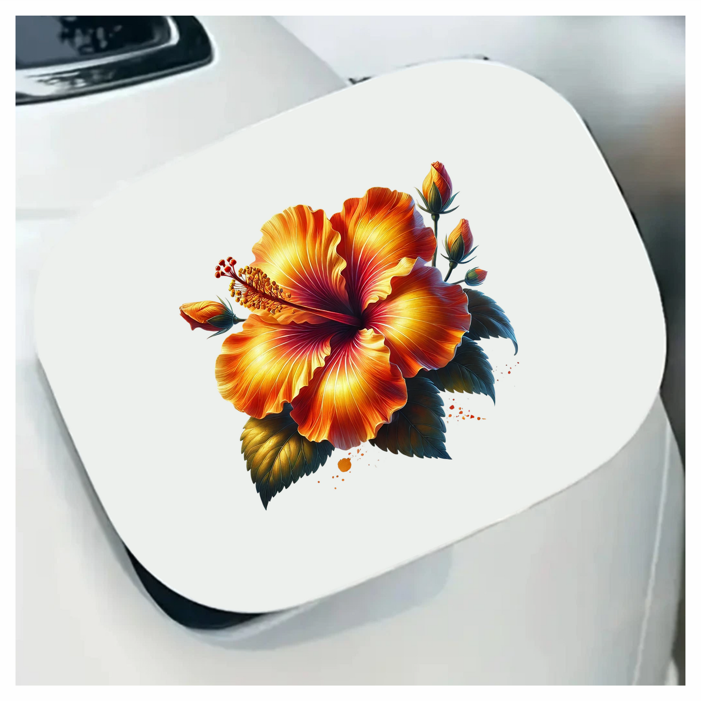 Orange Hibiscus Flower Green Leaves Vinyl Sticker Decal