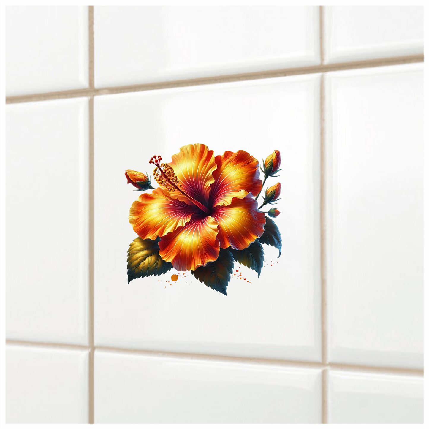 Orange Hibiscus Flower Green Leaves Vinyl Sticker Decal