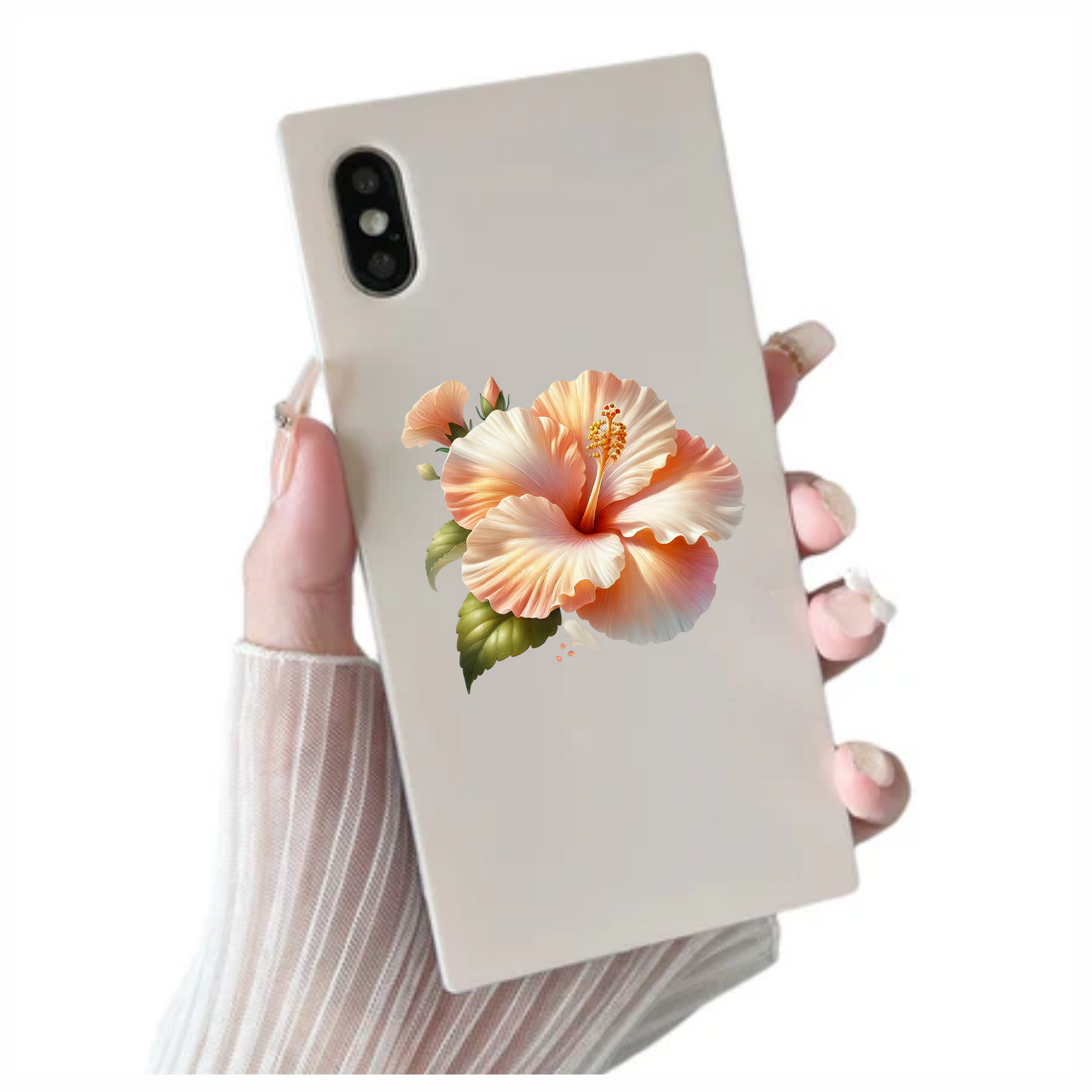 Peach Hibiscus Flower Green Leaves Vinyl Sticker Decal